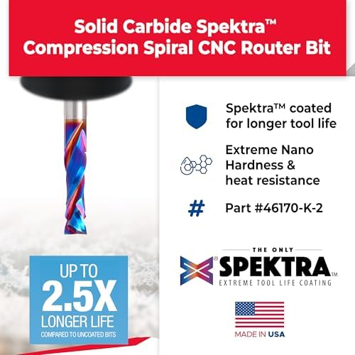 Amana Tool Spektra Extreme Tool Life Solid Carbide CNC Compression Spiral Router Bit, 46170-K-2 2 Pack, 1/4 D x 7/8 CH x 1/4 Shk x 2-1/2 Inch L 2 Fl