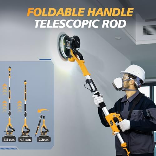 MAKELIFT Electric Drywall Sander for Ceiling with Vacuum | 5-speed 1000-2100 RPM, 880W motor, 4.4-5.5 ft telescopic pole, LED light, foldable design, up to 99% dust collection.