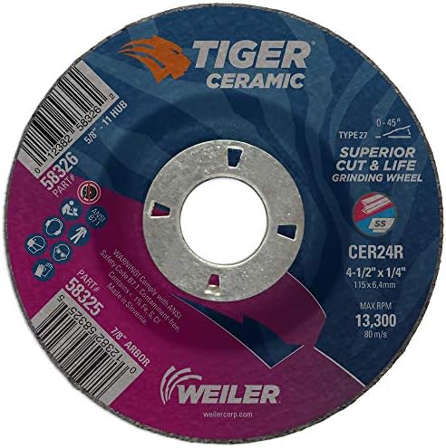 Weiler 58325 4-1/2 x 1/4 Tiger Ceramic Type 27 Grinding Wheel CER24R 7/8 A.H (Pack of 10)