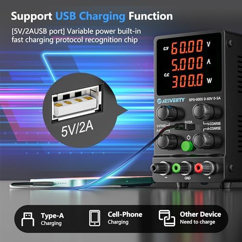 DC Power Supply Variable, 0-60V 0-5A Adjustable Switching DC Regulated Bench Power Supply with High Precision 4-Digit LED Display, 5V/2A USB Port, Coarse and Fine Adjustment SPS-6005