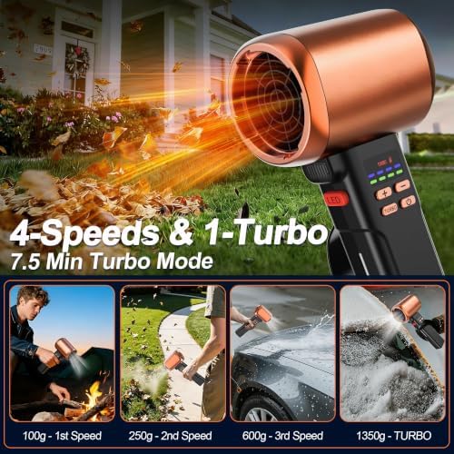730PRO Car Blower for Drying Cordless | Up to 260MPH 740CFM Turbo Dryer Air Leaf Blower | Detachable Handle, 3.5H Type-C 2A Fast Charge, 5 Speeds, for Car/Hood/Yard/Sawdust/Fluffy (Dark Orange Black)