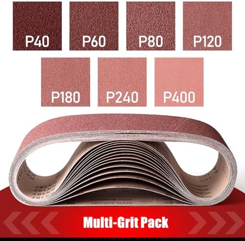 BOSHCRAFT 3x18 Sanding Belts, 21 Pack Belt Sander Paper 40/60/80/120/180/240/400 Grit Assortment Aluminum Oxide Sanding Belts for Wood Metal Polishing Knife Sharpening