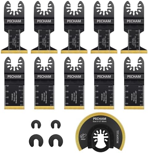 PECHAM 11PCS Titanium Oscillating Tool Blades, Universal Oscillating Multitool Blades Metal Cutting Quick Release for Hard Material Metal Nails Wood Plastic fit More Oscillating Tools