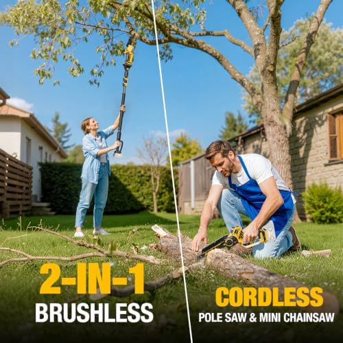 2-IN-1 Cordless 8-Inch Pole Saw & Chainsaw for DeWALT 20V MAX Battery - 1200W Brushless Motor, Total Reach of Max 15.9 FT, Lightweight, 8"&6"Electric Pole Saws for Tree Trimming Pruning (Tool Only)