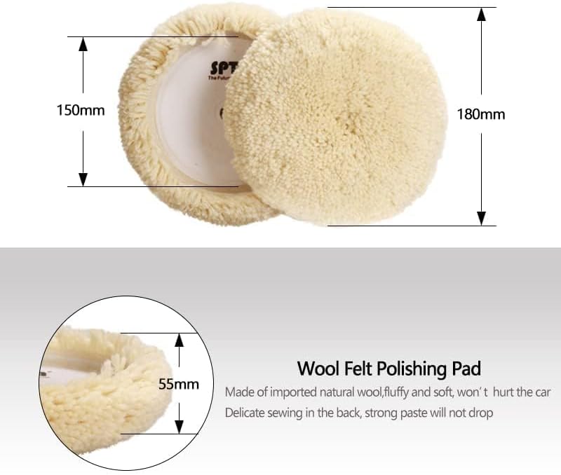 Wool Polishing Pads, SPTA 6"(150mm) 100% Natural Wool Buffing Pad with Hook & Loop Backing 4pcs Set Come with 5/8-11 Thread Backing Plate for Car Polishing, Buffing and Cutting