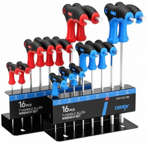 DISEN T-handle Allen Wrench Set 16PCS | Metric 2mm-10mm & SAE 7/64"-3/8" Long Arm Hex Key Wrench Sets with Storage Rack for DIY, Home Repair, Mechanics Maintenance