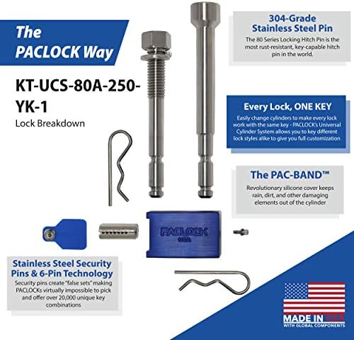 PACLOCK's KT-UCS-80A-250-YK-1 Hitch Lock Combo, Black Anod Alum, High Performance 6-Pin Cylinder, Keyed Differently, with 1/2" Threaded Pin & 5/8" Pin