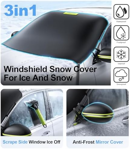 Nmoiss 3-in-1 Windshield Snow Cover for Jeep Wrangler & Gladiator — XS Size Low-Windshield Frost Guard with Ice Scraper, Heavy-Duty 600D Oxford Waterproof & 360° Windproof Protection for Off-Road SUVs