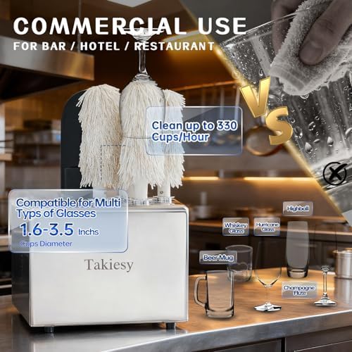Commercial Glass Polisher Machine with 6 Microfiber Brushes, 330 Cups/Hour, 136℉ Warm Air Drying & LFGB Certified Heads, Stainless Steel Build for Wine Beer Glasses in Bar Restaurant Hotel