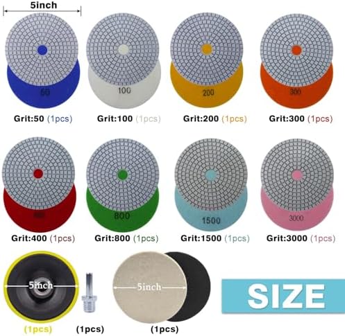 5 Inch Diamond Polishing Pads with 5/8’’-11 Hook & Loop Backing Pads, 10pcs Wet/Dry Concrete Polish Tools Kit for Drill, Grinder, Polisher, 50-3000 Grit Polishing Set for Marble Granite Quartz Stone