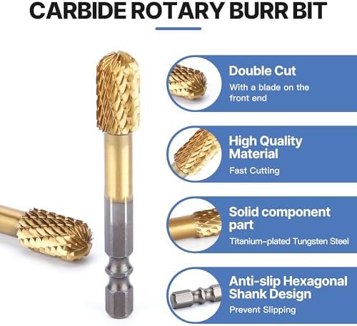 HUHAO Tungsten Carbide Rotary Burr Bit, Double Cut Carbide Burr 1/4" Shank Die Grinder Cutting Burrs Bit for Metal Working & Sturdy