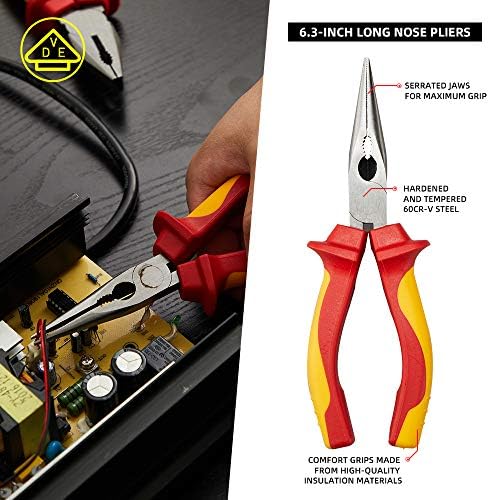 AKM 4-Piece 1000V VDE Insulated Tools Set - Pliers Set With Tongue & Groove, Diagonal Cutting, Long Nose, and Linesman Pliers