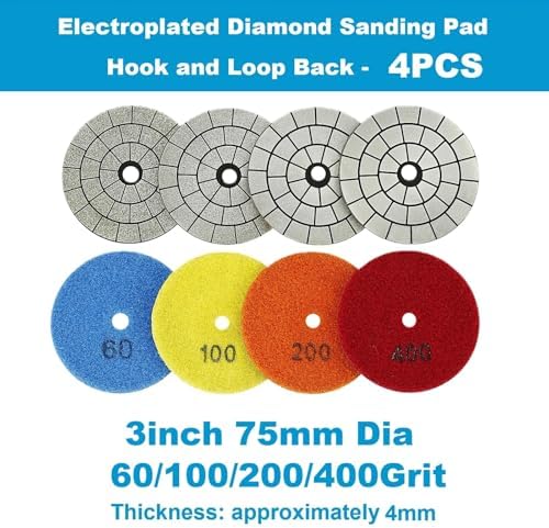 4PCS Electroplated Diamond Sanding Pad, 60#/100#/200#/400# Grit 3inch 75mm Grinding Disc Hook and Loop Backing for Stone Tile Glass Trimming & Metal Polishing & Wood Sanding