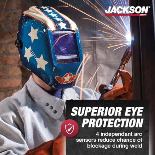 Jackson Safety Welding Helmet, Digital Variable Auto Darkening Filter, Stars and Scars Design, Lightweight Protective Welder Face Mask with Light HLX100 Shell, Unisex, Universal Size, 46118