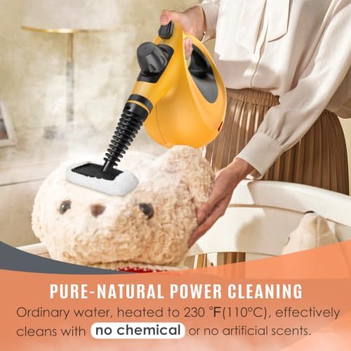Phueut Pressurized Handheld Multi-Surface Natural Steam Cleaner with 12 pcs Accessories, Multi-Purpose Steamer for Home Use, Steamer for Cleaning Floor, Upholstery, Grout and Car (Orange)