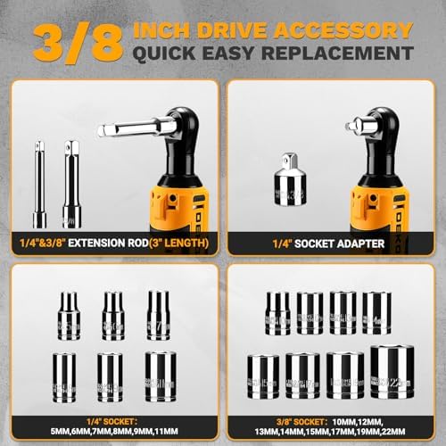 DEKOPRO Cordless Electric Ratchet Wrench Set 3/8" 450RPM Power Ratchet Tool Kit, 19Pcs Cordless Ratchets Wrench Set with Variable Speed,14 Sockets,3/8" to1/4 Adapter,2 Extension Bars, Charging Line