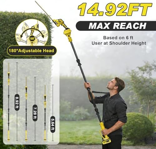 6-IN-1 Cordless Pole Saw & Pole Hedge Trimmer Combo Kit, Dual 4.0Ah Batteries, 8" Brushless Chainsaw, 16" Electric Hedge Trimmer, 6" Grass Shears, 14.92Ft Long Reach, Bush Trimmer for Tree Shrubs