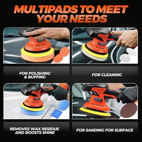 Car Buffer Polisher, 8 Variable Speed Car Polisher 2800-6000RPM Cordless Car Polishing Machine with 2x 21V 2000mAh Batteries and 17 Piece Polishing Kit for Car Detailing Scratch Removing