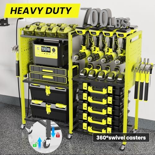 Heavy-Duty Power Tools Organizer Cart with Charging Power Strip, 6-Tier Rolling Utility Cart with 8 Hooks and 6 Load-Bearing Wheels, Garage Tool Storage Rack for Workshop for Men