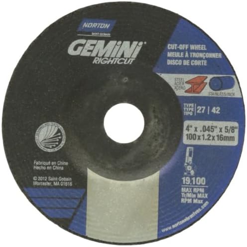 Norton Gemini Right Cut Right Angle Grinder Reinforced Depressed Center Abrasive Cut-Off Wheel, Type 27, Aluminum Oxide, 5/8" Arbor, 4" Diameter x 0.045" Thickness (Pack of 25)