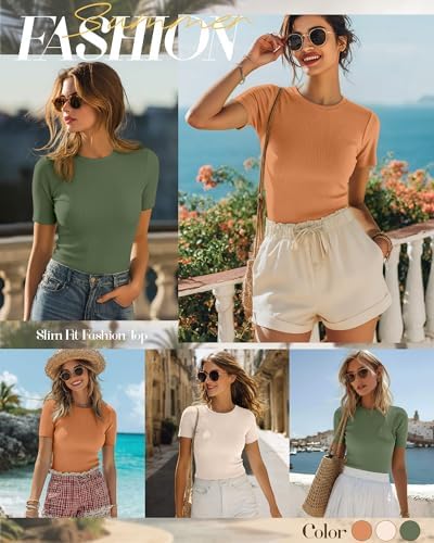 Ficerd 3 Pack Women's Ribbed Short Sleeve T-Shirts