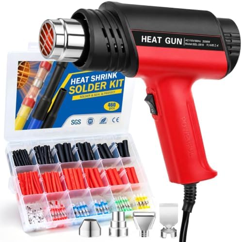 2000W Heat Gun Kit with 460PCS 10–26 AWG Solder Seal Wire Connectors & Waterproof Heat Shrink Tubing, Compact Hot Air Gun 140℉-1202℉ with 4 Nozzles for Automotive, Marine & Wiring Repair