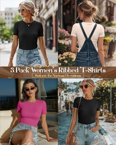 Ficerd 3 Pack Women's Ribbed Short Sleeve T-Shirts
