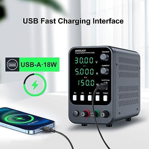 DC Power Supply, 30V 5A Bench Power Supply with Memory Storage & Recall，Variable Power Suppy with Encoder Adjustment Knob, 5V/3.6A USB Quick-Charge & OCP Short Circuit Alarm