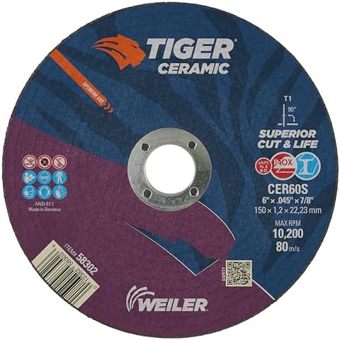 Weiler 58302 6 Inch Cutting Wheel, Tiger Ceramic Stainless Steel Superior Life & Cut Contaminant Free Max Performance Cutting, .045" CER60S Type 1 7/8" Arbor, Pack of 25