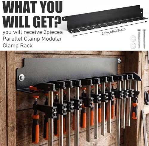 LEIFIDE 2 Pack Parallel Clamp Rack Black Help to Store Heavy Duty Clamps 24'' Long Stainless Steel Clamp Holder Pre-Drilled 16 inch on Center for Mounting to Wall Stud Workshop Organizer and Storage