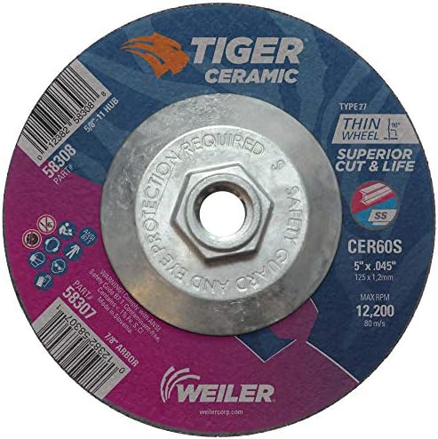 Weiler 58308 5 Inch Cutting Wheel, Tiger Ceramic Stainless Steel Superior Life & Cut Contaminant Free Max Performance Cutting, .045" CER60S Type 27 5/8"-11 Hub, Pack of 10