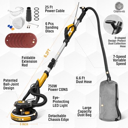 Electric Drywall Vacuum Sander, 750W&NSK Bearing, Dustless for Ceiling&Wall