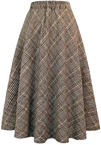 IDEALSANXUN Womens Plaid Wool Skirts Elastic Waist A-Line Pleated Tartan Long Skirts