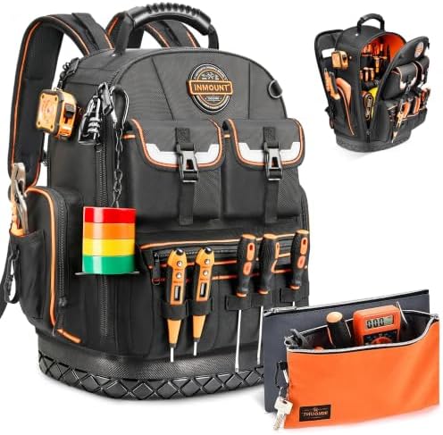 LOKASS Tool Backpack Heavy Duty, 2 Tool Pouches, 56 Pockets, Molded Bottom