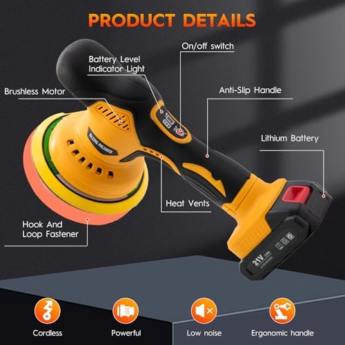 Cordless Car Buffer Polisher, 6 Inch Orbital Polisher Kit with 2x21V Batteries & 21 PCS Attachments, 8-Speed Variable Max 6000RPM Buffer for Car Detailing, Polishing, Waxing, Scratch Removing