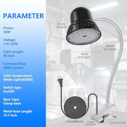 Clamp Light, 3000 Lumen Work Light with Strong Metal Clamp Base for Office, Crafting, Woodworking Shop, Garage Workbench, Lathe and Sewing, Bright Task Lighting, 98-inch Extended Cord, Silver