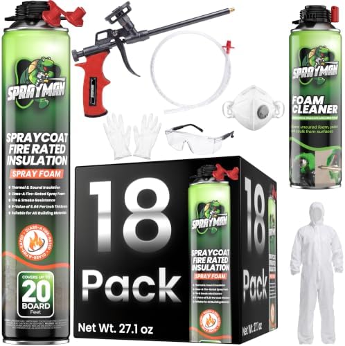 Sprayman Spraycoat Fire Rated Spray Foam Insulation Kit (360 Sq.Ft.) (R-Value 11.32 / 2in) Closed Cell Expanding Sealant Gap Filler for Walls, Attics, Roofs, Basements -Gun & Cleaner Included -18 Pack