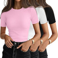 Ficerd 3 Pack Women's Ribbed Short Sleeve T-Shirts