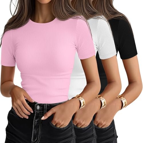 Ficerd 3 Pack Women's Ribbed Short Sleeve T-Shirts