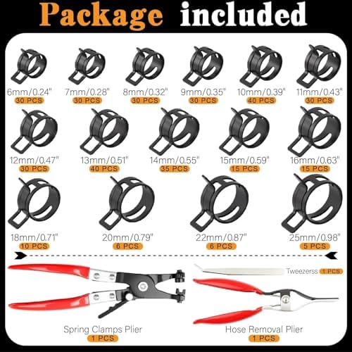 355PCS 17 Sizes Spring Band Hose Clamps Assortment with Two Pliers Tool