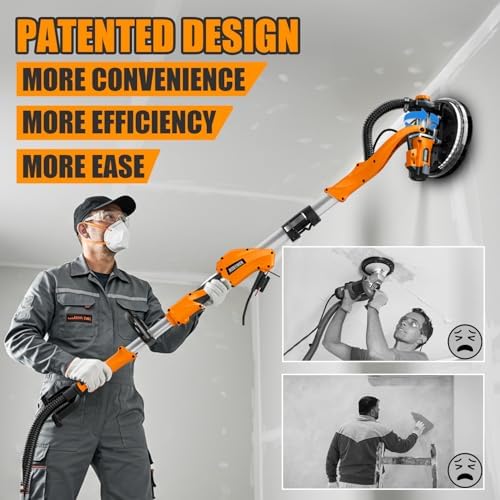 Drywall Sander, 1050W Electric Drywall Sander with Vacuum Dust Collection, 2100RPM Wall Sander with 7 Variable Speed, Foldable & Extendable Handle, Double-Deck LED Light, Dust Bag and Hose