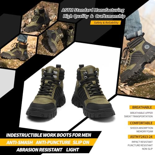KELODON Waterproof Steel Toe Boots For Men-6 Inch Comfortable Mens Safety Work Boots Indestructible Steel Toe Shoes Lightweight Non Slip Puncture Resistant Industrial Construction Boot