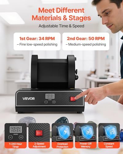 VEVOR Rock Tumbler Kit, 17 lbs Rock Polishing Kit, 2-Speed Stone Polishing Kit with 240-Hour Polishing Timer, Rock Polisher with Belt-Driven Brushless Motor, Rock Polisher for Adults and Kids