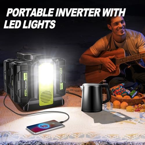 350W Power Inverter Compatible with Ryobi 40V Battery 4-Ports DC 40V to AC 110~120V Pure Sine Wave Battery Inverter with LED Light, USB-A Port,Type-C Port,DC Port for Camping Emergency Travel