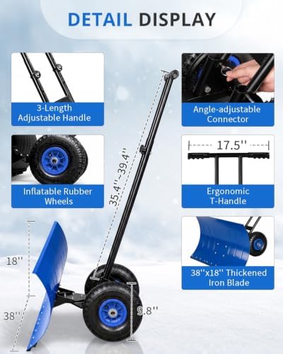 Outvita Snow Shovel with Wheels, 36" Wide 18" Long, Black & Blue