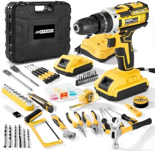 21V Cordless Drill Driver Kit, 25+1 Clutch, 2 Batteries & Charger, 3/8" Keyless Chuck, LED Light, Complete Drill Set with Carry Case, Ideal for Home Improvement, Household Repairs & DIY Projects