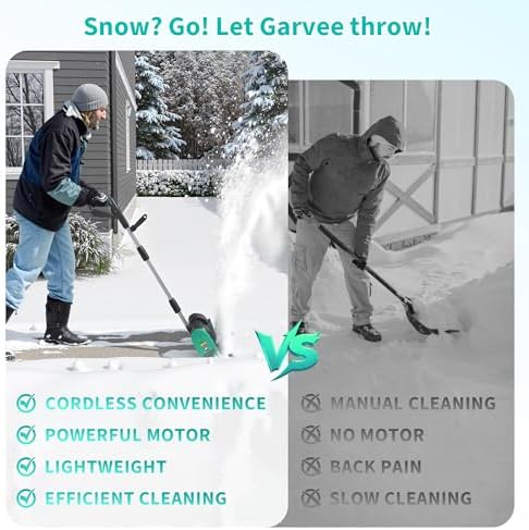 Garvee 12" Cordless Snow Shovel - Snow Shovel for Driveway, 16.5 ft Snow Throwing Distance, 20V 1 * 4.0Ah Battery & Quick Charger, Adjustable Handle, for Walkways Deck Stair Snow Removal