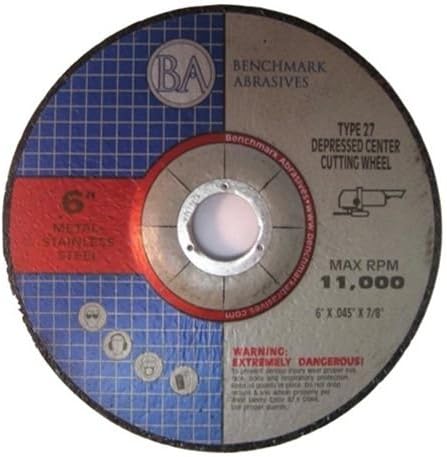 Benchmark Abrasives 6 Inch Aluminum Oxide Depressed Center Thin Type 1 Grinder Cut Off Wheels for Metal and More - .045" Thick 7/8" Arbor, Angle Grinder Cutting Disc, Grinding Cutting Wheel - 25 Pack