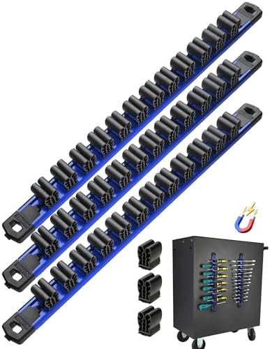 ALOANES 3PC Magnetic Screwdriver Organizer - 36 Slot Aluminum Alloy Rail for Toolbox & Metal Pegboard, Strong Magnetic Holder for Wrenches, Pliers, Workshop Garage Storage(Blue)