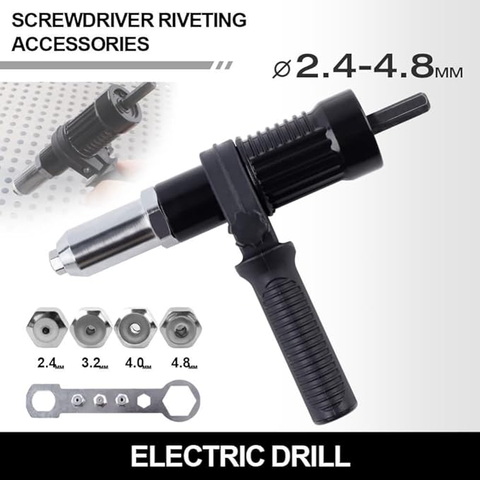 Electric Rivet Tool Adapter Set for Cordless Drill High Efficiency Low Noise Forged Alloy Steel 2.4-4.8 mm Shaft Sizes 1 Pack